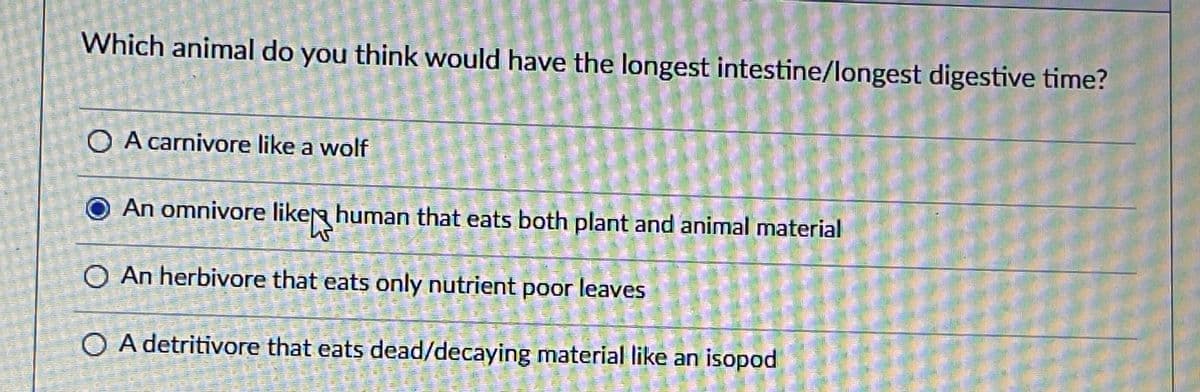 Which animal do you think would have the longest intestine/longest digestive time?
O A carnivore like a wolf
An omnivore like human that eats both plant and animal material
O An herbivore that eats only nutrient poor leaves
M
O A detritivore that eats dead/decaying material like an isopod
P