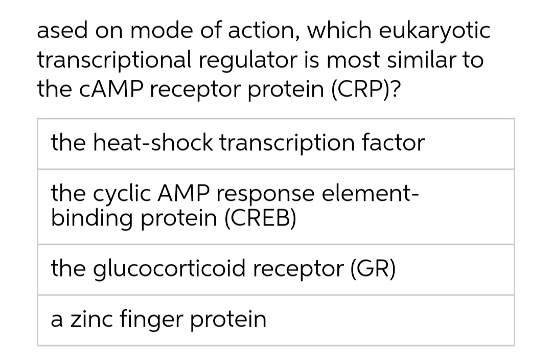 ased on mode of action, which eukaryotic
transcriptional regulator is most similar to
the CAMP receptor protein (CRP)?
the heat-shock transcription factor
the cyclic AMP response element-
binding protein (CREB)
the glucocorticoid receptor (GR)
a zinc finger protein
