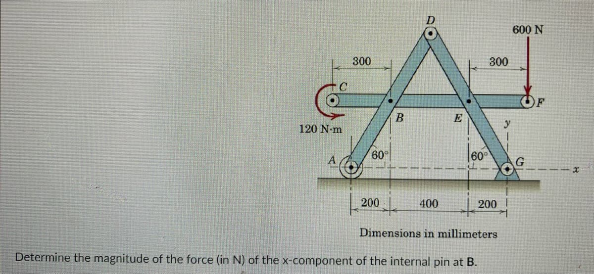 600 N
300
300
F
B
E
120 N-m
y
60
60°
A
200
400
200 I
Dimensions in millimeters
Determine the magnitude of the force (in N) of the x-component of the internal pin at B.
