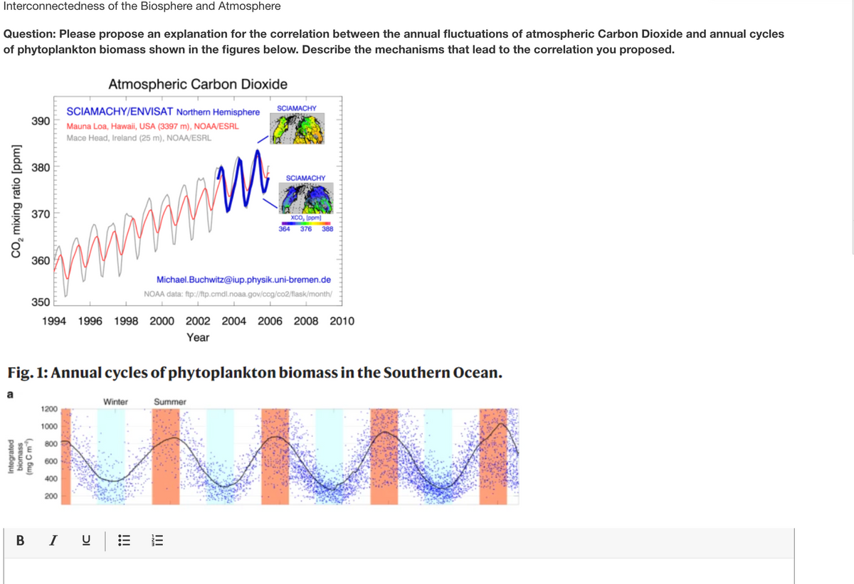 Interconnectedness of the Biosphere and Atmosphere
Question: Please propose an explanation for the correlation between the annual fluctuations of atmospheric Carbon Dioxide and annual cycles
of phytoplankton biomass shown in the figures below. Describe the mechanisms that lead to the correlation you proposed.
Atmospheric Carbon Dioxide
SCIAMACHY/ENVISAT Northern Hemisphere
SCIAMACHY
390
Mauna Loa, Hawaii, USA (3397 m), NOAA/ESRL
Mace Head, Ireland (25 m), NOAA/ESRL
380
SCIAMACHY
370
XCO, [ppm]
364
376
388
360
Michael.Buchwitz@iup.physik.uni-bremen.de
NOAA data: ftp://ftp.cmdl.noaa.gov/ccg/co2/flask/month/
350
1994
1996 1998
2000
2002 2004 2006 2008 2010
Year
Fig. 1: Annual cycles of phytoplankton biomass in the Southern Ocean.
MMMM
Winter
Summer
1200
1000
800
600
400
200
В I
Integrated
CO, mixing ratio [ppm]
DI
