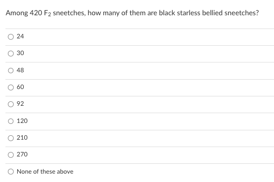Among 420 F2 sneetches, how many of them are black starless bellied sneetches?
O
O
24
30
48
60
92
120
210
270
O None of these above