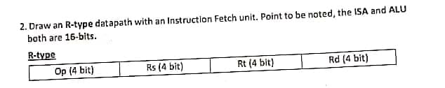 2. Draw an R-type datapath with an Instruction Fetch unit. Point to be noted, the ISA and ALU
both are 16-bits.
R-type
Op (4 bit)
Rs (4 bit)
Rt (4 bit)
Rd (4 bit)
