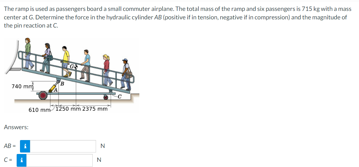 The ramp is used as passengers board a small commuter airplane. The total mass of the ramp and six passengers is 715 kg with a mass
center at G. Determine the force in the hydraulic cylinder AB (positive if in tension, negative if in compression) and the magnitude of
the pin reaction at C.
G
740 mm
610 mm 1250 mm 2375 mm
Answers:
AB =
i
C =
i
N
