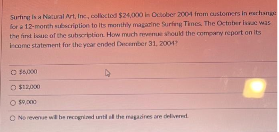 Surfing Is a Natural Art, Inc., collected $24,000 in October 2004 from customers in exchange
for a 12-month subscription to its monthly magazine Surfing Times. The October issue was
the first issue of the subscription. How much revenue should the company report on its
income statement for the year ended December 31, 2004?
O $6,000
O $12,000
4
O $9,000
O No revenue will be recognized until all the magazines are delivered.