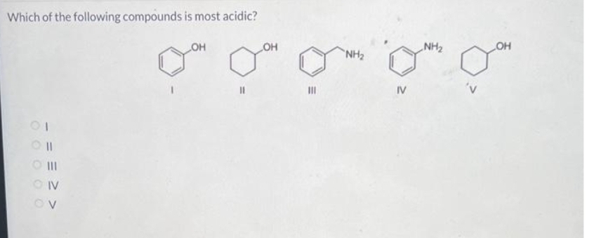 Which of the following compounds is most acidic?
CONV
OV
OH
o
OH
|||
"NH₂
IV
NH₂
OH