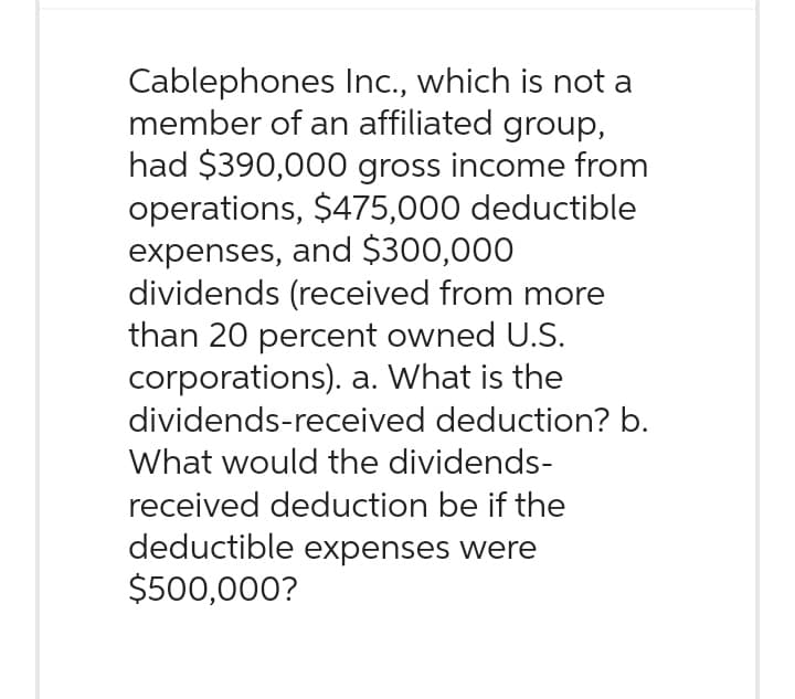 Cablephones Inc., which is not a
member of an affiliated group,
had $390,000 gross income from
operations, $475,000 deductible
expenses, and $300,000
dividends (received from more
than 20 percent owned U.S.
corporations). a. What is the
dividends-received deduction? b.
What would the dividends-
received deduction be if the
deductible expenses were
$500,000?