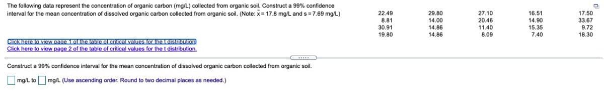 The following data represent the concentration of organic carbon (mg/L) collected from organic soil. Construct a 99% confidence
interval for the mean concentration of dissolved organic carbon collected from organic soil. (Note: x= 17.8 mg/L and s = 7.69 mg/L)
22.49
29.80
14.00
14,86
14.86
27.10
20.46
11.40
8.09
16.51
14.90
15,35
17.50
8.81
33.67
30.91
19.80
9.72
7.40
18.30
Click here to view page 1 oihe table of criical values for the t distriDution
Click here to view page 2 of the table of critical values for the t distribution.
Construct a 99% confidence interval for the mean concentration of dissolved organic carbon collected from organic soil.
|mg/L to mg/L (Use ascending order. Round to two decimal places as needed.)
