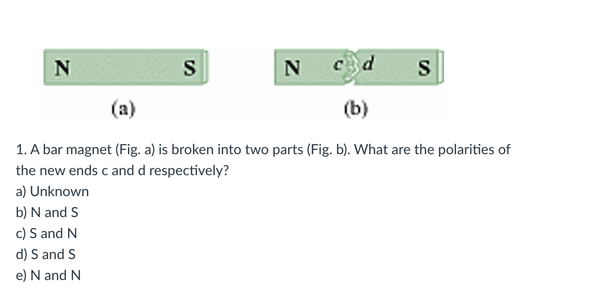 N S
N
cd
S
(a)
(b)
1. A bar magnet (Fig. a) is broken into two parts (Fig. b). What are the polarities of
the new ends c and d respectively?
a) Unknown
b) N and S
c) S and N
d) S and S
e) N and N