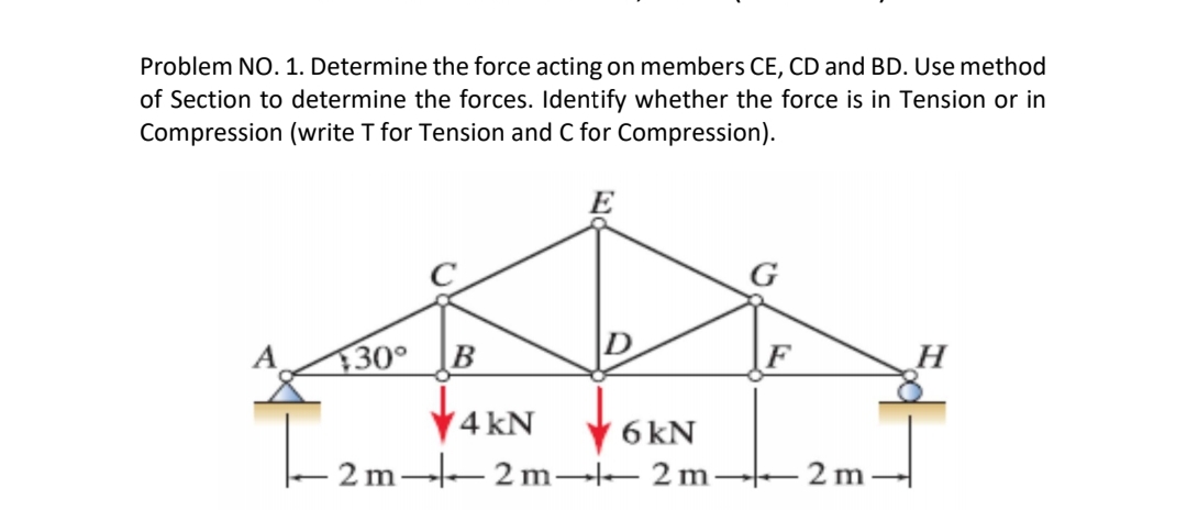 Problem NO. 1. Determine the force acting on members CE, CD and BD. Use method
of Section to determine the forces. Identify whether the force is in Tension or in
Compression (write T for Tension and C for Compression).
G
30°
4 kN
6 kN
2 m
2 m--2 m – 2 m
