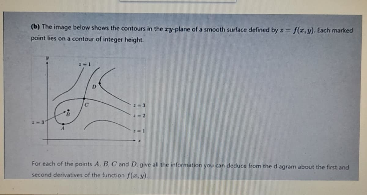 (b) The image below shows the contours in the ry-plane of a smooth surface defined by z f(z,y). Each marked
point lies on a contour of integer height.
D.
:- 2
:= 1
For each of the points A, B, C and D, give all the information you can deduce from the diagram about the first and
second derivatives of the function f(r,y).
