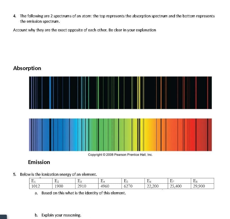 4. The following are 2 spectrums of an atom: the top represents the absorption spectrum and the bottom represents
the emission spectrum.
Account why they are the exact opposite of each other. Be clear in your explanation
Absorption
Copyright © 2008 Pearson Prentice Hall, Inc.
Emission
5. Below is the ionization energy of an element.
E1
E2
E3
E4
Es
Es
E-
Es
1012
1900
2910
4960
6270
22,200
25,400
29,900
a. Based on this what is the identity of this element.
b. Explain your reasoning.
