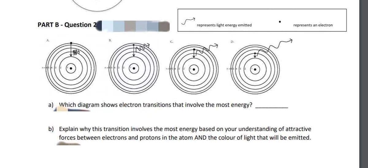 PART B - Question 2
represents light energy emitted
represents an electron
D.
a) Which diagram shows electron transitions that involve the most energy?
b) Explain why this transition involves the most energy based on your understanding of attractive
forces between electrons and protons in the atom AND the colour of light that will be emitted.
