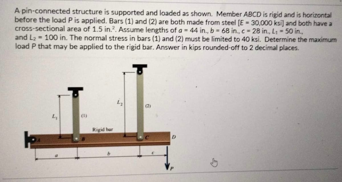A pin-connected structure is supported and loaded as shown. Member ABCD is rigid and is horizontal
before the load P is applied. Bars (1) and (2) are both made from steel [E = 30,000 ksi] and both have a
cross-sectional area of 1.5 in.2. Assume lengths of a = 44 in., b = 68 in., c = 28 in., L₁ = 50 in.,
and L₂ = 100 in. The normal stress in bars (1) and (2) must be limited to 40 ksi. Determine the maximum
load P that may be applied to the rigid bar. Answer in kips rounded-off to 2 decimal places.
L₁
Rigid bar
L2
(2)
D