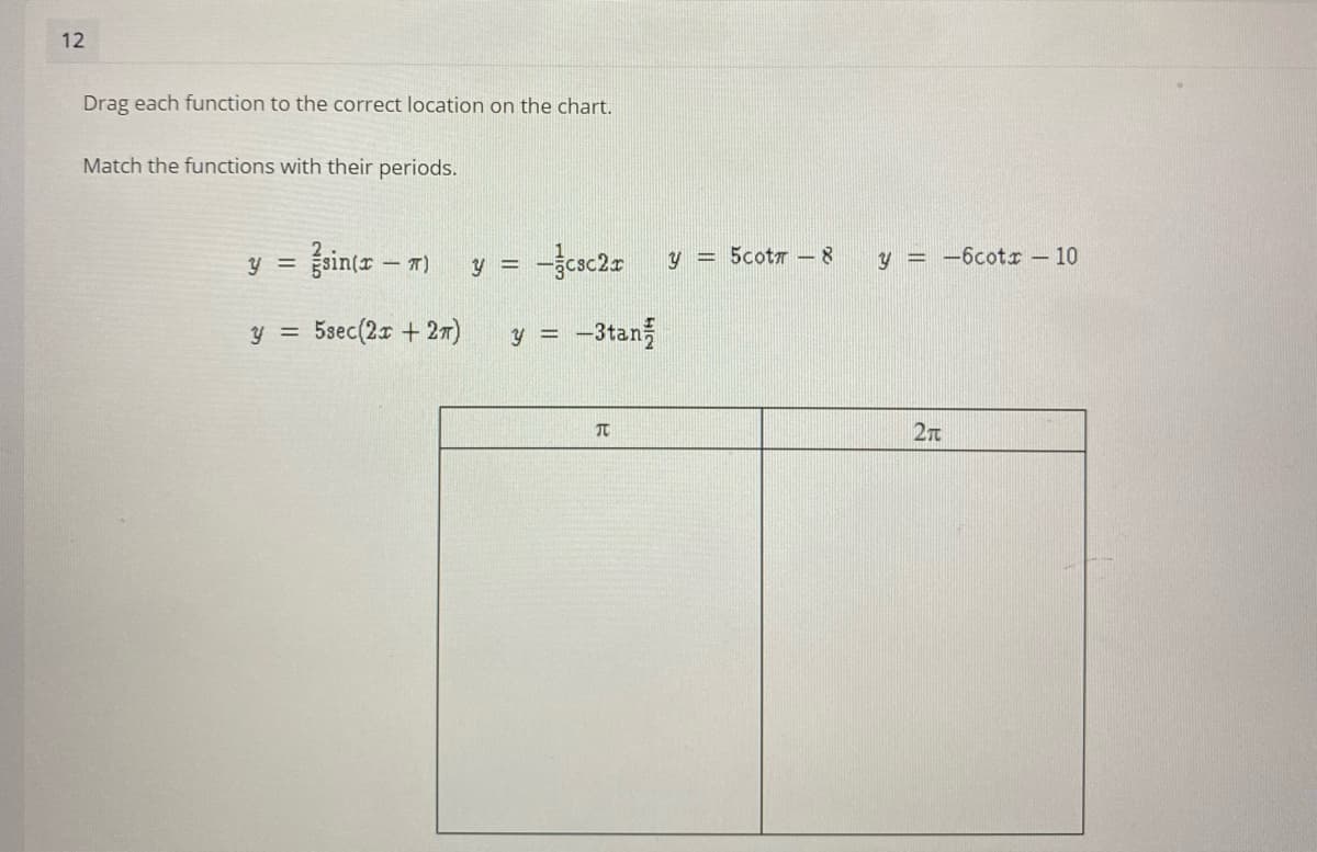 12
Drag each function to the correct location on the chart.
Match the functions with their periods.
y = {sin(x – m)
y = 5cotT - 8
y = -6cotr – 10
y =
%3D
y = 5sec(2x + 27)
y = -3tan
