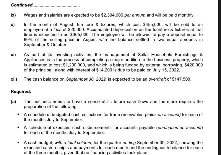 Continued..
ix)
Wages and salaries are expected to be $2,304,000 per annum and will be paid monthly.
x)
In the month of August, furniture & fixtures, which cost $455,000, will be sold to an
employee at a loss of $20,000. Accumulated depreciation on the furniture & fixtures at that
time is expected to be $305,000. The employee will be allowed to pay a deposit equal to
60% of the selling price in August with the balance settled in two equal amounts in
September & October.
хі)
As part of its investing activities, the management of Sallat Household Furnishings &
Appliances is in the process of completing a major addition to the business property, which
is estimated to cost $1,200,000, and which is being funded by external borrowing. $420,000
of the principal, along with interest of $14,200 is due to be paid on July 15, 2022.
xii) The cash balance on September 30, 2022, is expected to be an overdraft of $147,500.
Required:
(a)
The business needs to have a sense of its future cash flows and therefore requires the
preparation of the following:
• A schedule of budgeted cash collections for trade receivables (sales on account) for each of
the months July to September.
• A schedule of expected cash disbursements for accounts payable (purchases on account)
for each of the months July to September.
· A cash budget, with a total column, for the quarter ending September 30, 2022, showing the
expected cash receipts and payments for each month and the ending cash balance for each
of the three months, given that no financing activities took place.
