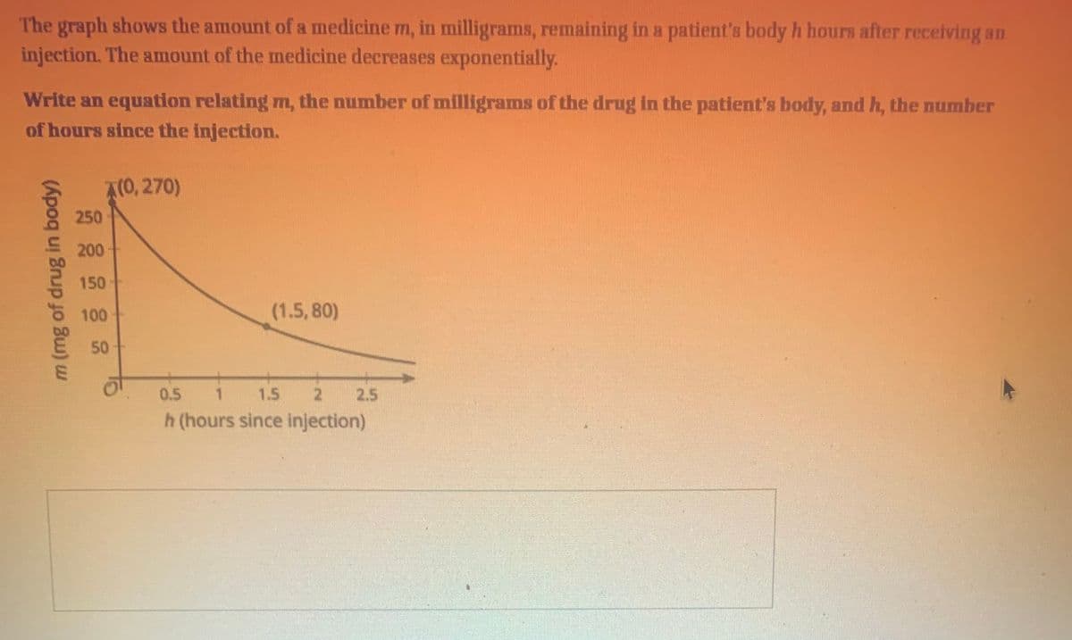 The graph shows the amount of a medicine m, in milligrams, remaining in a patient's body h hours after receiving an
injection. The amount of the medicine decreases exponentially.
Write an equation relating m, the number of milligrams of the drug in the patient's body, and h, the number
of hours since the injection.
A(0, 270)
250
200
150
100
(1.5, 80)
50
0.5
1.
1.5
2.
2.5
h (hours since injection)
m (mg of drug in body)
