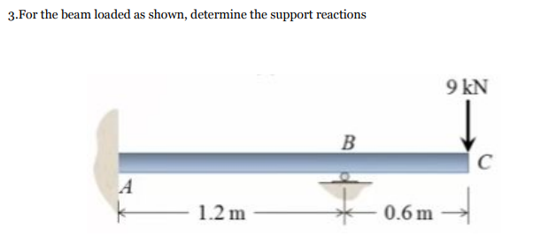 3.For the beam loaded as shown, determine the support reactions
9 kN
B
C
A
1.2 m
0.6 m
