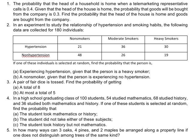1. The probability that the head of a household is home when a telemarketing representative
calls is 0.4. Given that the head of the house is home, the probability that goods will be bought
from the company is 0.3. Find the probability that the head of the house is home and goods
are bought from the company.
2. In an experiment to study the relationship of hypertension and smoking habits, the following
data are collected for 180 individuals:
Nonsmokers
Moderate Smokers
Heavy Smokers
Hypertension
21
36
30
Nonhvpertension
48
26
19
If one of these individuals is selected at random, find the probability that the person is,
(a) Experiencing hypertension, given that the person is a heavy smoker;
(b) A nonsmoker, given that the person is experiencing no hypertension.
3. A pair of fair dice is tossed. Find the probability of getting
(a) A total of 8
(b) At most a total of 5
4. In a high school graduating class of 100 students, 54 studied mathematics, 68 studied history,
and 36 studied both mathematics and history. If one of these students is selected at random,
find the probability that
(a) The student took mathematics or history;
(b) The student did not take either of these subjects;
(c) The student took history but not mathematics.
5. In how many ways can 3 oaks, 4 pines, and 2 maples be arranged along a property line if
one does not distinguish among trees of the same kind?
