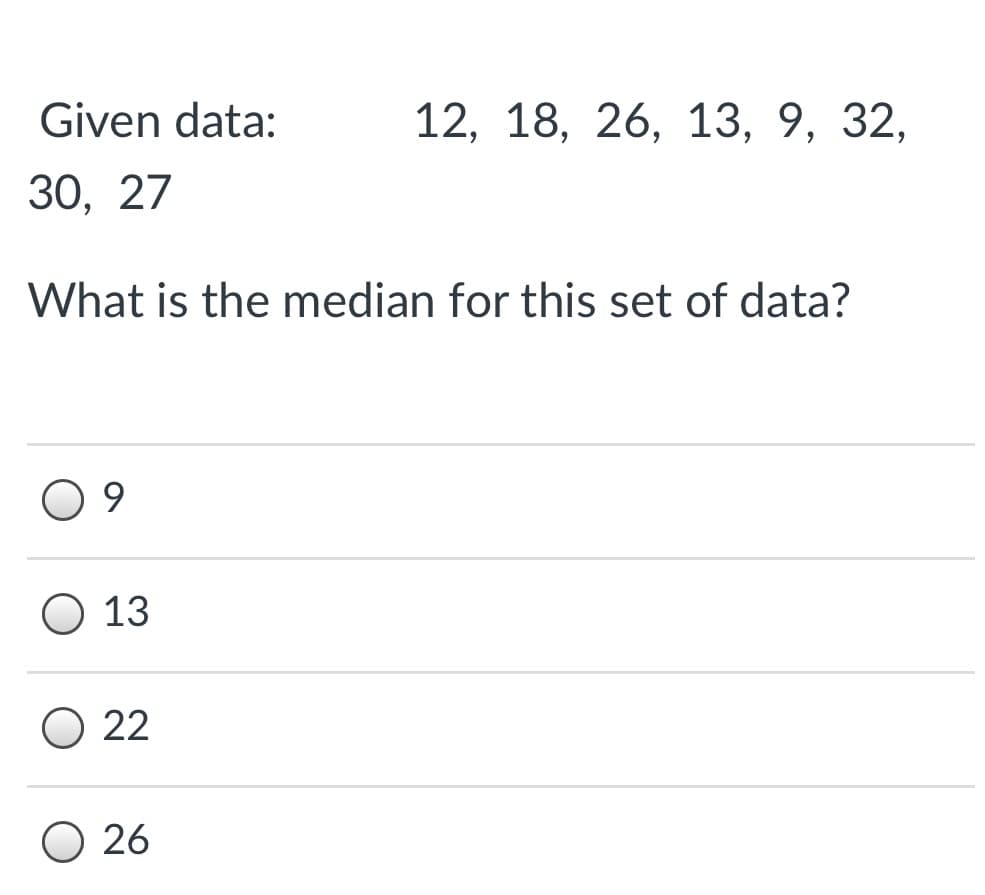Given data:
12, 18, 26, 13, 9, 32,
30, 27
What is the median for this set of data?
13
O 22
O 26
