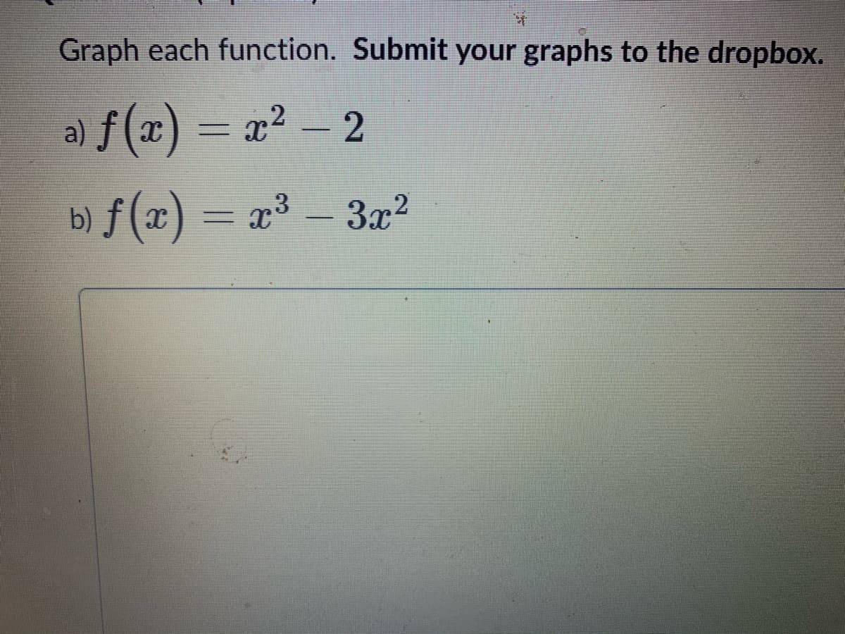 Graph each function. Submit your graphs to the dropbox.
a) f(x) = x² – 2
b) ƒ (x) = x³ – 3æ?
3- 3x2

