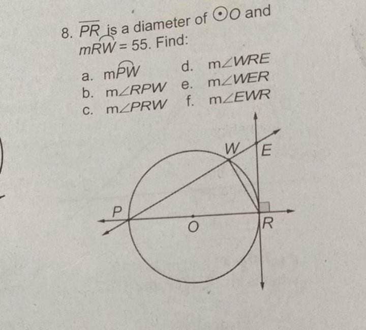 8. PR is a diameter of OO and
mRW= 55. Find:
a. mPW
d.
b. m/RPW e.
m/PRW
C.
m/WRE
m/WER
f. m/EWR
P
O
W
E
R