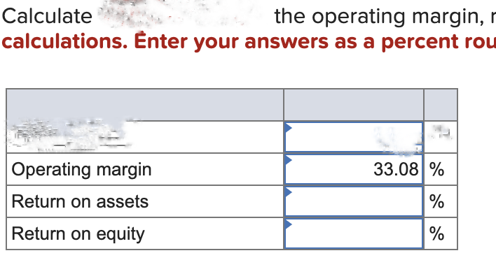 Calculate
the operating margin, r
calculations. Enter your answers as a percent rou
Operating margin
Return on assets
Return on equity
33.08 %
%
%