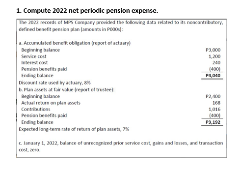 1. Compute 2022 net periodic pension expense.
The 2022 records of MPS Company provided the following data related to its noncontributory,
defined benefit pension plan (amounts in PO00s):
a. Accumulated benefit obligation (report of actuary)
Beginning balance
P3,000
Service cost
1,200
Interest cost
240
Pension benefits paid
Ending balance
(400)
P4,040
Discount rate used by actuary, 8%
b. Plan assets at fair value (report of trustee):
Beginning balance
Actual return on plan assets
Contributions
P2,400
168
1,016
(400)
Pension benefits paid
Ending balance
Р3,192
Expected long-term rate of return of plan assets, 7%
c. January 1, 2022, balance of unrecognized prior service cost, gains and losses, and transaction
cost, zero.
