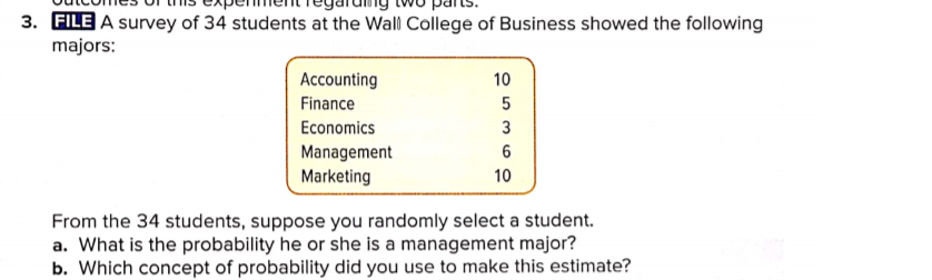 3. FILE A survey of 34 students at the Wall College of Business showed the following
majors:
Accounting
10
Finance
Economics
3
Management
Marketing
10
From the 34 students, suppose you randomly select a student.
a. What is the probability he or she is a management major?
b. Which concept of probability did you use to make this estimate?
