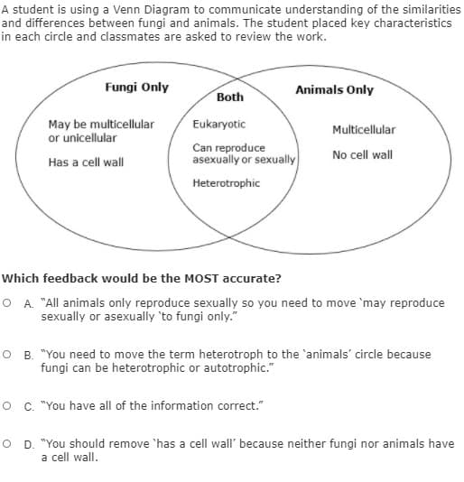 A student is using a Venn Diagram to communicate understanding of the similarities
and differences between fungi and animals. The student placed key characteristics
in each circle and classmates are asked to review the work.
Fungi Only
Animals Only
Both
May be multicellular
or unicellular
Eukaryotic
Multicellular
Can reproduce
asexually or sexually
No cell wall
Has a cell wall
Heterotrophic
Which feedback would be the MOST accurate?
O A. "All animals only reproduce sexually so you need to move 'may reproduce
sexually or asexually 'to fungi only."
B. "You need to move the term heterotroph to the 'animals' circle because
fungi can be heterotrophic or autotrophic."
C. "You have all of the information correct."
O D. "You should remove 'has a cell wall' because neither fungi nor animals have
a cell wall.
