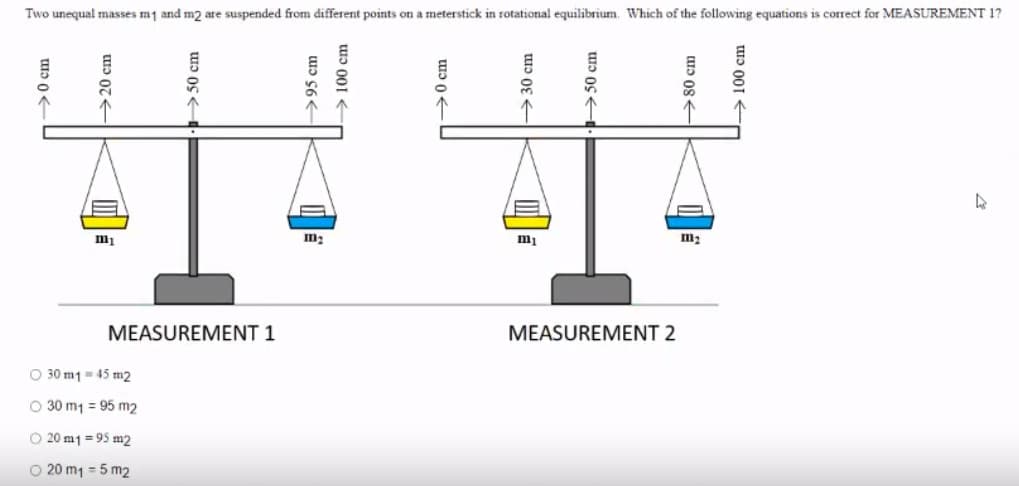 Two unequal masses m1 and m2 are suspended from different points on a meterstick in rotational equilibrium. Which of the following equations is correct for MEASUREMENT 1?
mi
MEASUREMENT 1
MEASUREMENT 2
O 30 m1 = 45 m2
O 30 m1 = 95 m2
O 20 m1 = 95 m2
O 20 m1 = 5 m2
>0 cm
>20 cm
>50 cm
>95 cm
>100 cm
>0 cm
→30 cm
wɔ os
aɔ 08
> 100 cm
