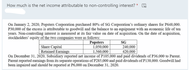 How much is the net income attributable to non-controlling interest? *
On January 2, 2020, Popsters Corporation purchased 80% of SG Corporation's ordinary shares for P648,000.
P30,000 of the excess is attributable to goodwill and the balance to an equipment with an economic life of ten
years. Non-controlling interest is measured at its fair value on date of acquisition. On the date of acquisition,
stockholders' equity of the two companies were as follows:
Popsters
1,050,000
1,560,000
On December 31, 2020, Subsidiary reported net income of P105,000 and paid dividends of P36,000 to Parent.
Parent reported earnings from its separate operations of P285,000 and paid dividends of P138,000. Goodwill had
SG
240,000
420,000
Share Capital
|Retained Earnings
been impaired and should be reported at P6,000 on December 31, 2020.
