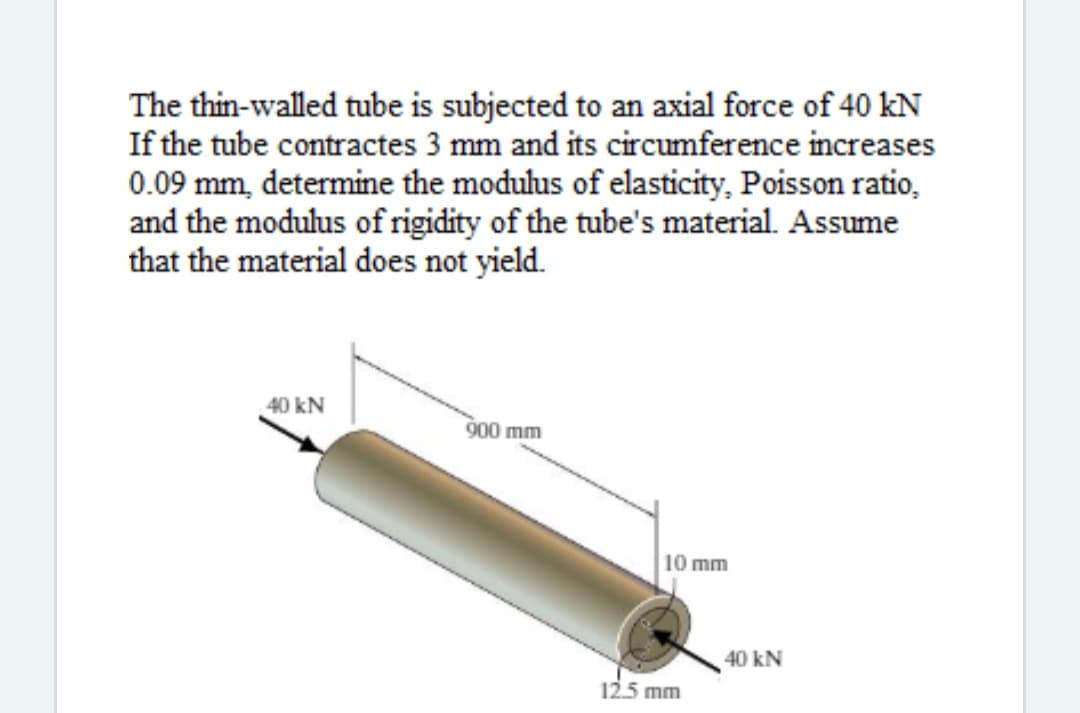 The thin-walled tube is subjected to an axial force of 40 kN
If the tube contractes 3 mm and its circumference increases
0.09 mm, determine the modulus of elasticity, Poisson ratio,
and the modulus of rigidity of the tube's material. Assume
that the material does not yield.
40 kN
900 mm
10 mm
40 kN
12.5 mm

