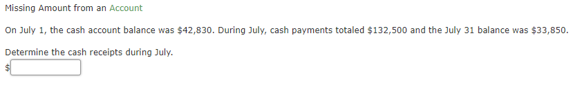 Missing Amount from an Account
On July 1, the cash account balance was $42,830. During July, cash payments totaled $132,500 and the July 31 balance was $33,850.
Determine the cash receipts during July.
%24
