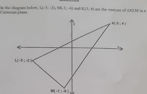 In the diagram below, L(-5; -2), M(-1; -6) and K(5; 4) are the vertices of AKLM in a
Cartesian plane.
K( 5; 4)
L(-5; -2 )<
M(-1; -6 ),
