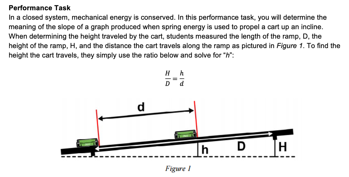 Performance Task
In a closed system, mechanical energy is conserved. In this performance task, you will determine the
meaning of the slope of a graph produced when spring energy is used to propel a cart up an incline.
When determining the height traveled by the cart, students measured the length of the ramp, D, the
height of the ramp, H, and the distance the cart travels along the ramp as pictured in Figure 1. To find the
height the cart travels, they simply use the ratio below and solve for "h":
H
h
d
d
h
H
Figure 1
II
