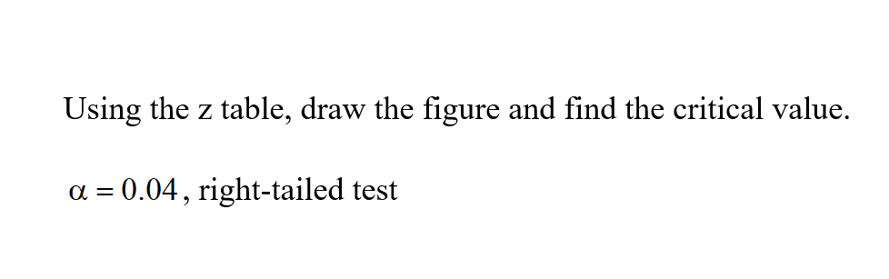 Using the z table, draw the figure and find the critical value.
= 0.04, right-tailed test
