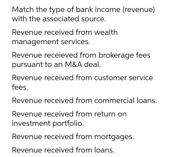 Match the type of bank income (revenue)
with the associated source.
Revenue received from wealth
management services.
Revenue receieved from brokerage fees
pursuant to an M&A deal.
Revenue received from customer service
fees.
Revenue received from commercial loans.
Revenue received from return on
investment portfolio.
Revenue received from mortgages.
Revenue received from loans.
