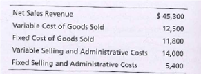 Net Sales Revenue
Variable Cost of Goods Sold
Fixed Cost of Goods Sold
$ 45,300
12,500
11,800
14,000
Variable Selling and Administrative Costs
Fixed Selling and Administrative Costs
5,400

