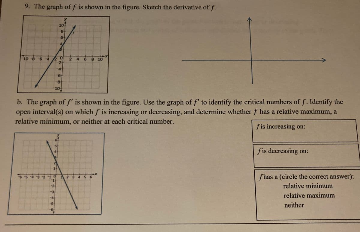 9. The graph of f is shown in the figure. Sketch the derivative of f.
10
47
2+
10 8 6 42 0
2 4
6 8 10
8.
101
b. The graph of f' is shown in the figure. Use the graph of f' to identify the critical numbers of f. Identify the
open interval(s) on which f is increasing or decreasing, and determine whether f has a relative maximum, a
relative minimum, or neither at each critical number.
fis increasing on:
5t
fis decreasing on:
A 2 3 456
f has a (circle the correct answer):
上早
relative minimum
-3
-4
relative maximum
5+
neither
6.
42024
1.
2.
