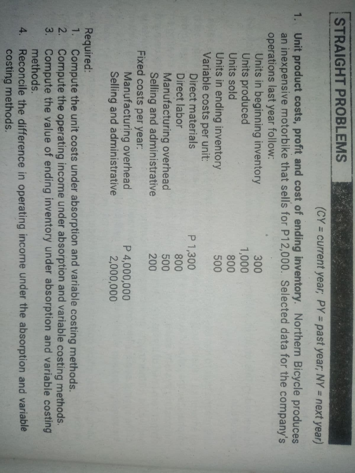 STRAIGHT PROBLEMS
(CY = current
year; PY = past year; NY = next year)
%3D
%3D
%3D
Unit product costs, profit and cost of ending inventory. Northern Bicycle produces
an inexpensive motorbike that sells for P12,000. Selected data for the company's
operations last year follow:
Units in beginning inventory
Units produced
1.
300
1,000
Units sold
Units in ending inventory
Variable costs per unit:
Direct materials
Direct labor
800
500
P 1,300
800
Manufacturing overhead
Selling and administrative
Fixed costs per year:
Manufacturing overhead
Selling and administrative
500
200
P 4,000,000
2,000,000
Required:
1. Compute the unit costs under absorption and variable costing methods.
2. Compute the operating income under absorption and variable costing methods.
3.
Compute the value of ending inventory under absorption and variable costing
methods.
Reconcile the difference in operating income under the absorption and variable
costing methods.
4.
