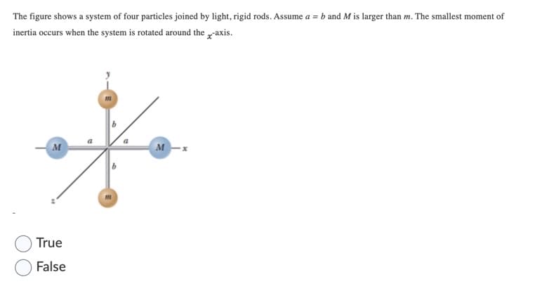 The figure shows a system of four particles joined by light, rigid rods. Assume a = b and M is larger than m. The smallest moment of
inertia occurs when the system is rotated around the -axis.
M
м —х
True
False
