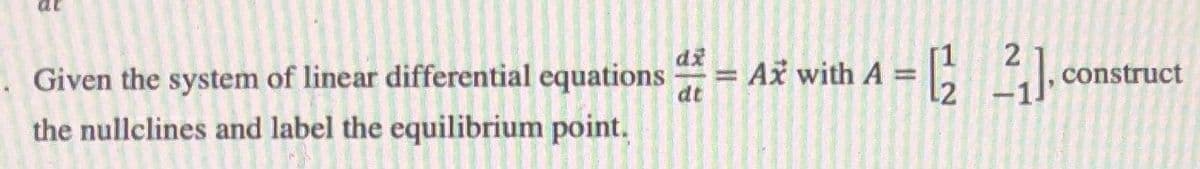 . Given the system of linear differential equations
the nullclines and label the equilibrium point.
di
II
Ax with A =
[22].
construct