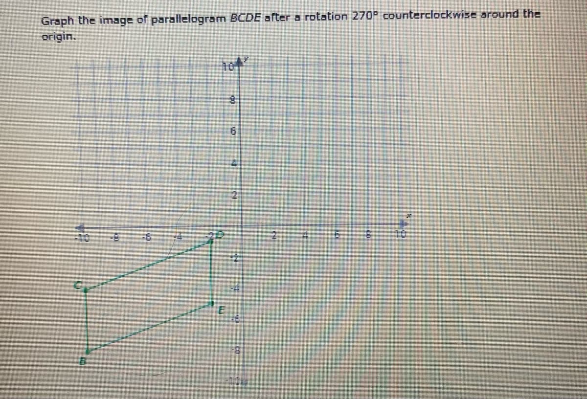 Graph the image of parallelogram BCDE after a rotation 270° counterclockwise around the
origin.
2.
10
2.
10
-2
10
00
