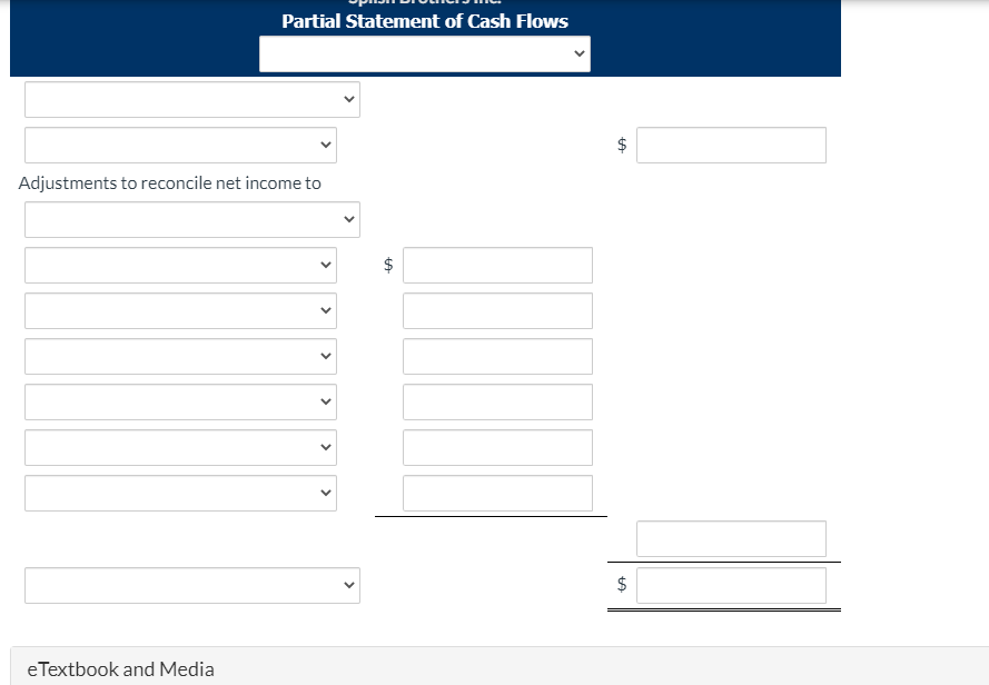 Partial Statement of Cash Flows
$
Adjustments to reconcile net income to
eTextbook and Media
%24
%24
%24
>
>
>
>
>
>
>
