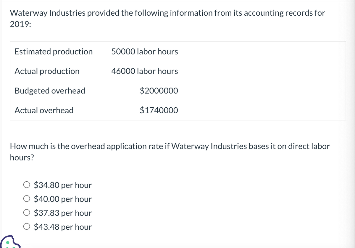 Waterway Industries provided the following information from its accounting records for
2019:
Estimated production 50000 labor hours
Actual production
46000 labor hours
Budgeted overhead
Actual overhead
$2000000
$1740000
How much is the overhead application rate if Waterway Industries bases it on direct labor
hours?
$34.80 per hour
$40.00 per hour
$37.83 per hour
$43.48 per hour