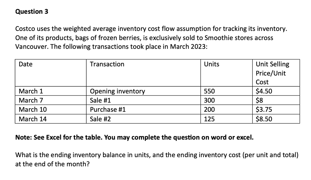 Question 3
Costco uses the weighted average inventory cost flow assumption for tracking its inventory.
One of its products, bags of frozen berries, is exclusively sold to Smoothie stores across
Vancouver. The following transactions took place in March 2023:
Date
March 1
March 7
March 10
March 14
Transaction
Opening inventory
Sale #1
Purchase #1
Sale #2
Units
550
300
200
125
Unit Selling
Price/Unit
Cost
$4.50
$8
$3.75
$8.50
Note: See Excel for the table. You may complete the question on word or excel.
What is the ending inventory balance in units, and the ending inventory cost (per unit and total)
at the end of the month?