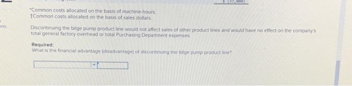 *Common costs allocated on the basis of machine-hours.
*Common costs allocated on the basis of sales dollars.
Discontinuing the bilge pump product line would not affect sales of other product lines and would have no effect on the company's
total general factory overhead or total Purchasing Department expenses
Required:
What is the financial advantage (disadvantage) of discontinuing the bilge pump product line?