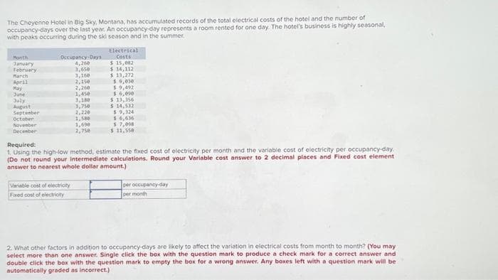 The Cheyenne Hotel in Big Sky, Montana, has accumulated records of the total electrical costs of the hotel and the number of
occupancy-days over the last year. An occupancy-day represents a room rented for one day. The hotel's business is highly seasonal,
with peaks occurring during the ski season and in the summer.
Month
January
February
March
April
May
June
July
August
September
October
November
December
Occupancy Days
4,260
3,650
3,160
2,150
2,260
1,450
3,188
Variable cost of electricity
Fixed cost of electricity
3,750
2,220
1,580
1,690
2,750
Electrical
Costs
$ 15,082
$14,112
$ 13,272
$9,030.
$9,492
$6,000
$ 13,356
$ 14,532
$9,324
$ 6,636
$7,098
$ 11,558
Required:
1. Using the high-low method, estimate the fixed cost of electricity per month and the variable cost of electricity per occupancy-day.
(Do not round your intermediate calculations. Round your Variable cost answer to 2 decimal places and Fixed cost element
answer to nearest whole dollar amount.)
per occupancy-day
per month
2. What other factors in addition to occupancy-days are likely to affect the variation in electrical costs from month to month? (You may
select more than one answer. Single click the box with the question mark to produce a check mark for a correct answer and
double click the box with the question mark to empty the box for a wrong answer. Any boxes left with a question mark will be
automatically graded as incorrect.)