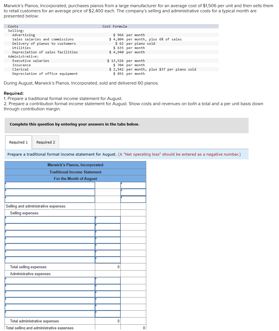 Marwick's Pianos, Incorporated, purchases pianos from a large manufacturer for an average cost of $1,506 per unit and then sells them
to retail customers for an average price of $2,400 each. The company's selling and administrative costs for a typical month are
presented below:
Costs
Selling:
Advertising
Sales salaries and commissions
Delivery of pianos to customers
Utilities
Depreciation of sales facilities.
Administrative:
Executive salaries.
Insurance
Clerical
Depreciation of office equipment
During August, Marwick's Pianos, Incorporated, sold and delivered 60 pianos.
Required 1
Required 2
Cost Formula
Required:
1. Prepare a traditional format income statement for August.
2. Prepare a contribution format income statement for August. Show costs and revenues on both a total and a per unit basis down
through contribution margin.
$966 per month
$4,804 per month, plus 6% of sales
$62 per piano sold
$635 per month
Complete this question by entering your answers in the tabs below.
Selling and administrative expenses:
Selling expenses:
Total selling expenses
Administrative expenses:
$4,940 per month
Total administrative expenses
Total selling and administrative expenses
$ 13,526 per month
$704 per month.
$ 2,542 per month, plus $37 per piano sold
$ 891 per month
Prepare a traditional format income statement for August. (A "Net operating loss" should be entered as a negative number.)
Marwick's Pianos, Incorporated
Traditional Income Statement
For the Month of August
0
0
0