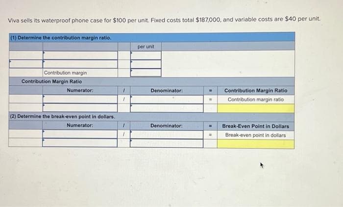 Viva sells its waterproof phone case for $100 per unit. Fixed costs total $187,000, and variable costs are $40 per unit.
(1) Determine the contribution margin ratio.
Contribution margin
Contribution Margin Ratio.
Numerator:
(2) Determine the break-even point in dollars.
Numerator:
1
1
1
per unit
Denominator:
Denominator:
=
=
Contribution Margin Ratio
Contribution margin ratio
Break-Even Point in Dollars
Break-even point in dollars